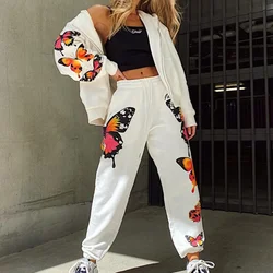 2 Piece Tracksuit Women Butterfly Print Casual Sport Outfit White Workout Matching Sets Plus Size Sportwear Fashion Streetwear