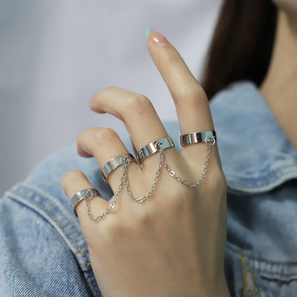 Conjunto de anillos góticos Punk Cool Hip Pop para mujer, cadena ajustable cuatro anillos abiertos para dedos, regalo de fiesta para anillos - AliExpress