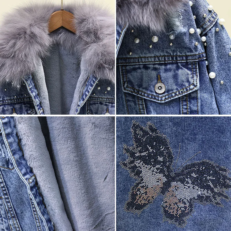 Осенне-зимняя джинсовая куртка Женская корейская мода Бисероплетение бриллиантами свободная Толстая овечья шерсть воротник из натурального меха джинсовое хлопковое пальто Верхняя одежда