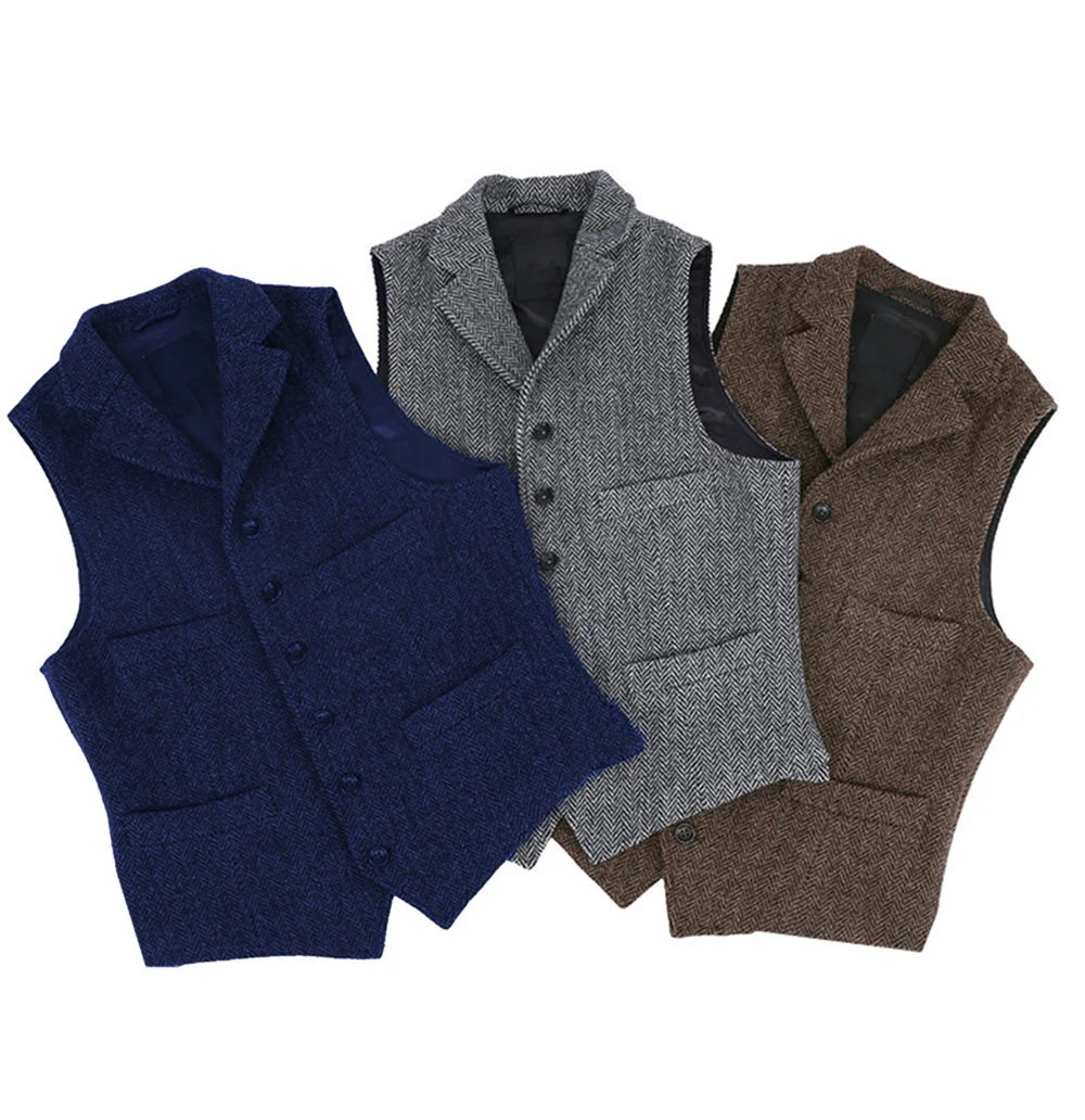 Mens Vest Classic Brown Suit Wool Tweed Notch Lapel Waistcoat Herringbone Groomsmen Winter Coat For Wedding dress vests