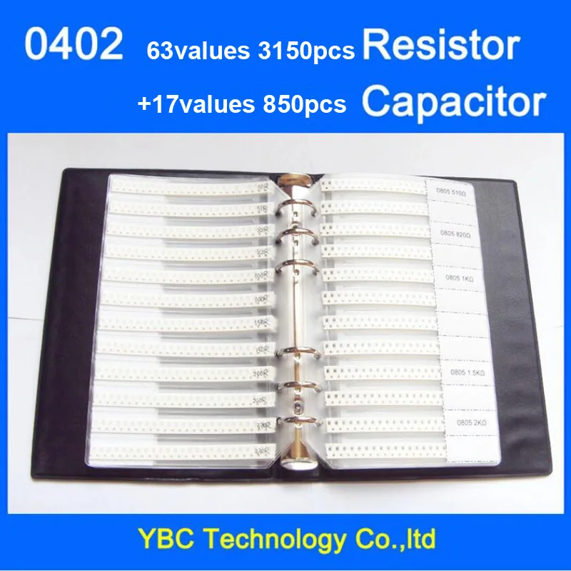 Free shipping 0402 SMD Sample Book 63values 3150pcs 1% Resistor Kit and 17values 850pcs Capacitor Set