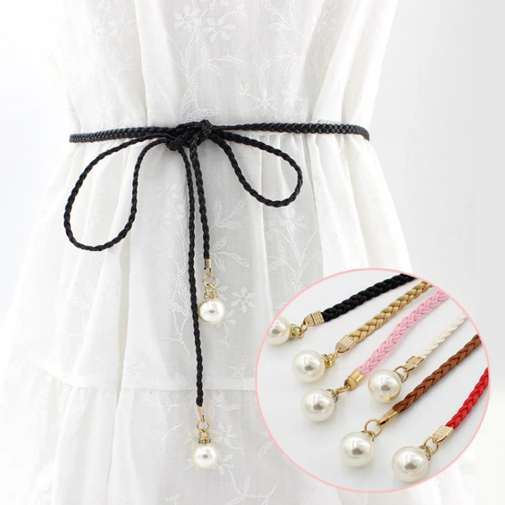 Fashion Thin Braid Women Belt Woven Tassel Pearl Waist Strap Boho Girls Waistband Waist Rope Waist Belts For Dress Accessories