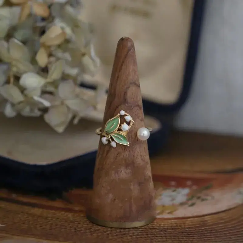 Lily of the valley element silver inlaid pearl enamel porcelain ladies ring