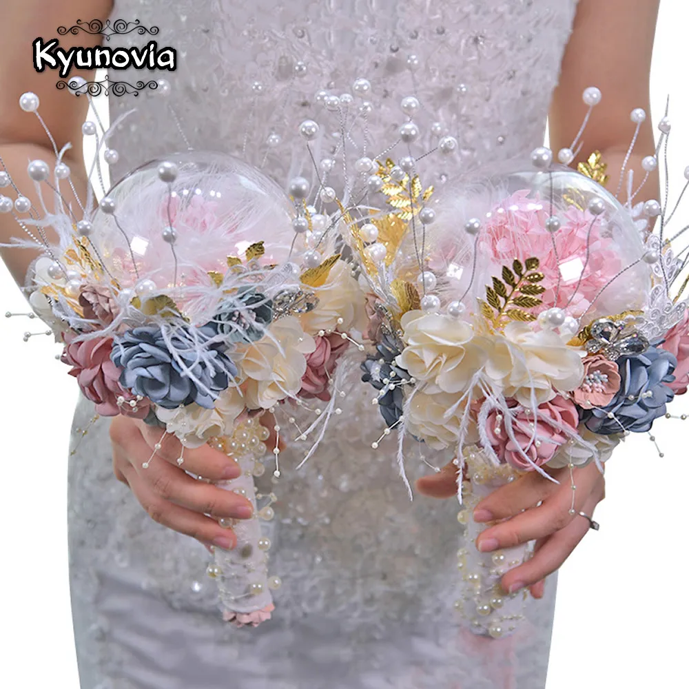 Kyunovia Dried Hydrangea Flower InTransparent Balls Pearl Bouquet Golden Leaf Bride Wedding Bouquet ramos gold de damas BY46