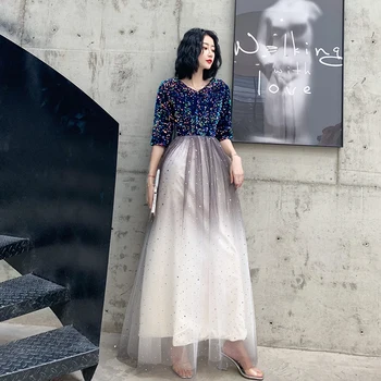 

AE0101 wei yin 2020 New V Neck Half Sleeves Squined Elegant Zipper Party Formal Dress Floor Length Evening Dresses