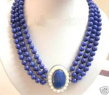 

Hot sale Free Shipping>>Charming Jewelry 3Row Real Lapis Lazuli white pearl clasp Necklace