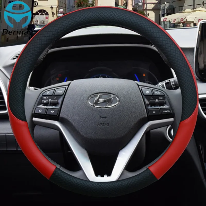 DERMAY Leather Car Steering Wheel Cover Anti-slip for Hyundai i30 kona i10 i35 elantra santa fe Auto Accessories Steering Wheel Cover 100%