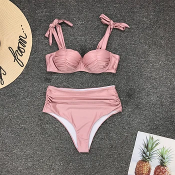 

Swimwear Women New High Waist Underwire Swimwear Swimsuit Female Womens Bathing Suit Peachtan Sexy Solid Pink Bikini 2020
