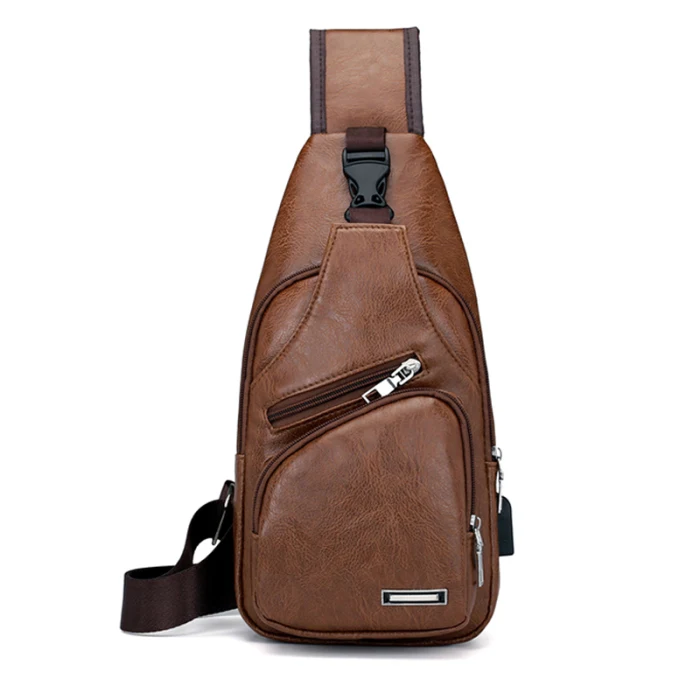 Мужская спортивная нагрудная сумка винтажная PU молния открытая сумка через плечо с отверстиями для наушников ZJ55