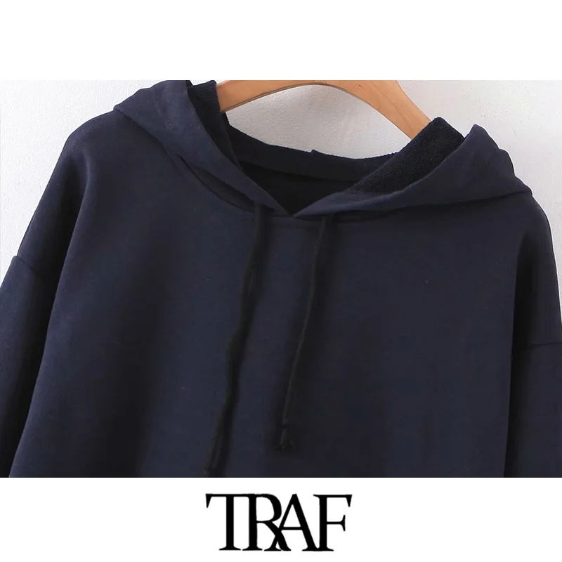 TRAF, женские винтажные стильные толстовки с карманами, украшенные, модные, с капюшоном, с воротником, с длинным рукавом, женские пуловеры, шикарные топы