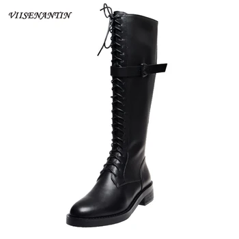 

Autumn Winter New Genuine Leather Lace-up Thick Heel Belt Buckle Decor Handsome Knight Boots Women Mid-calf Motorcycle Boots