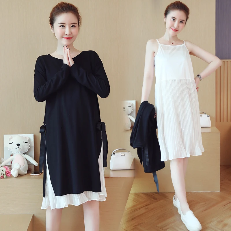 

579# 2PCS/Set Autumn Spring Korean Fashion Maternity Dress Color Block Side Splits Clothes for Pregnant Women Pregnancy Clothing