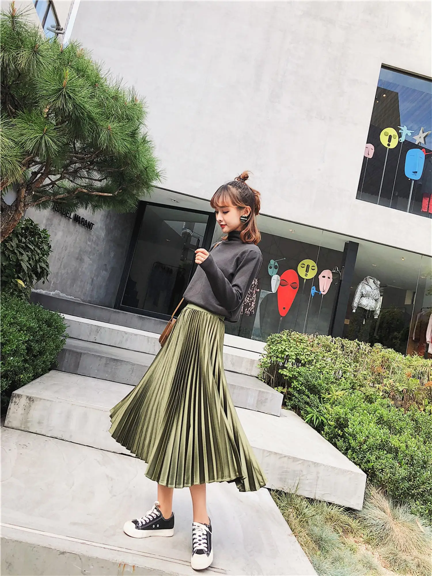 Ulzzang qiu dong han edition, Длинные атласные юбки цвета металлик, плиссированные юбки