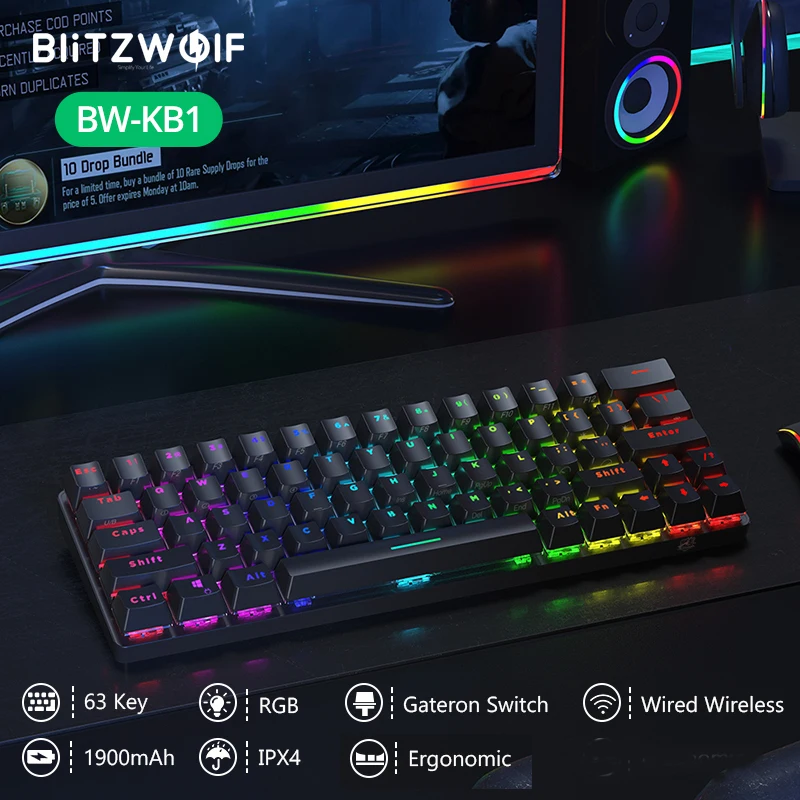 Беспроводная bluetooth-клавиатура BlitzWolf BW-KB1 черная клавиатура Gateron RGB 63 клавиши |