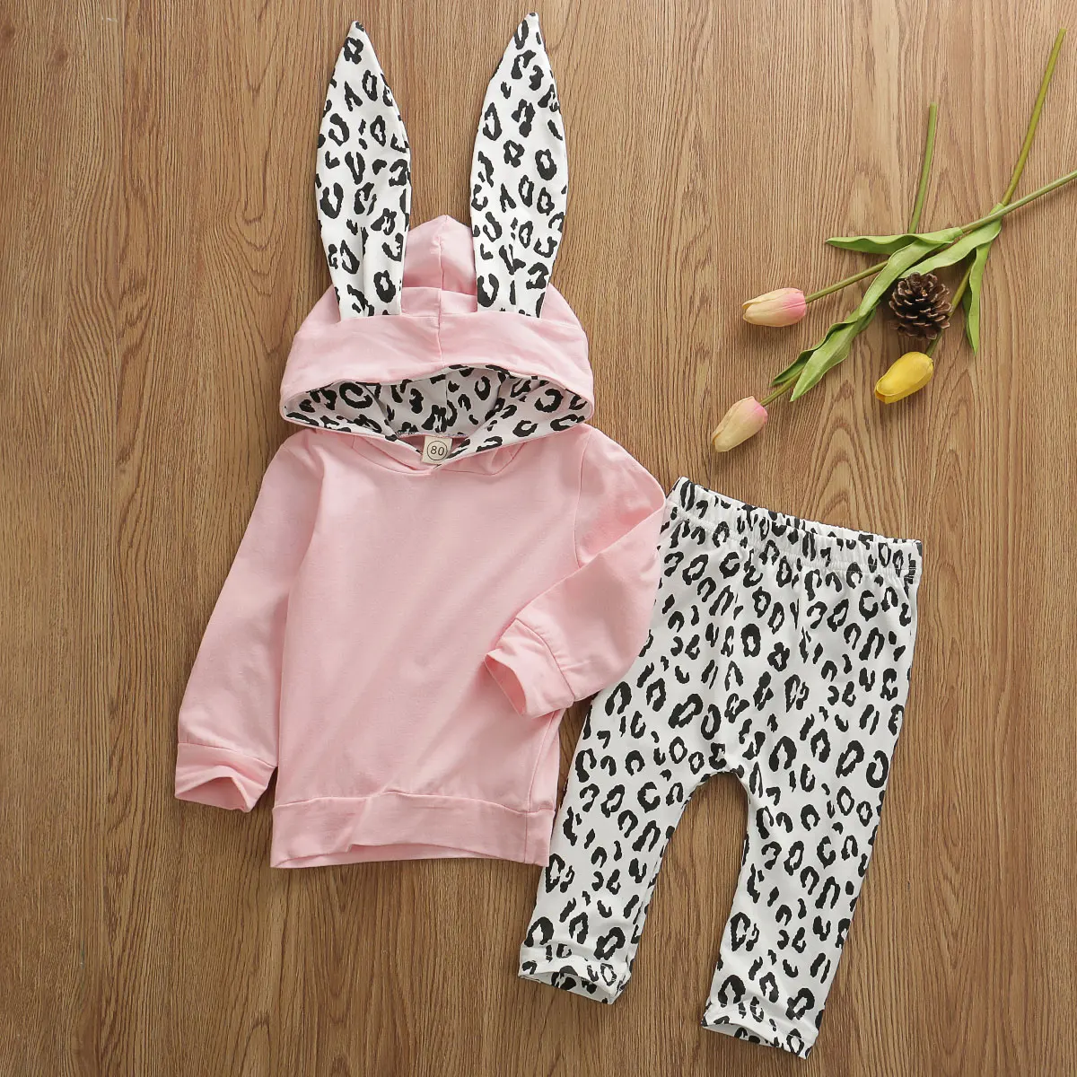 Комплект из 2 предметов, От 6 месяцев до 4 лет для маленьких девочек, зимняя одежда, толстовка с кроликом, топы, штаны с леопардовым принтом