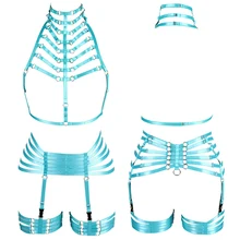 Комплект с ремнем на шею, сексуальное нижнее белье для бондажа, подвязки для ног, пояс, регулируемый фетиш, для танцев на шесте, готический, Рейв, клетка, бюстгальтер на лямках