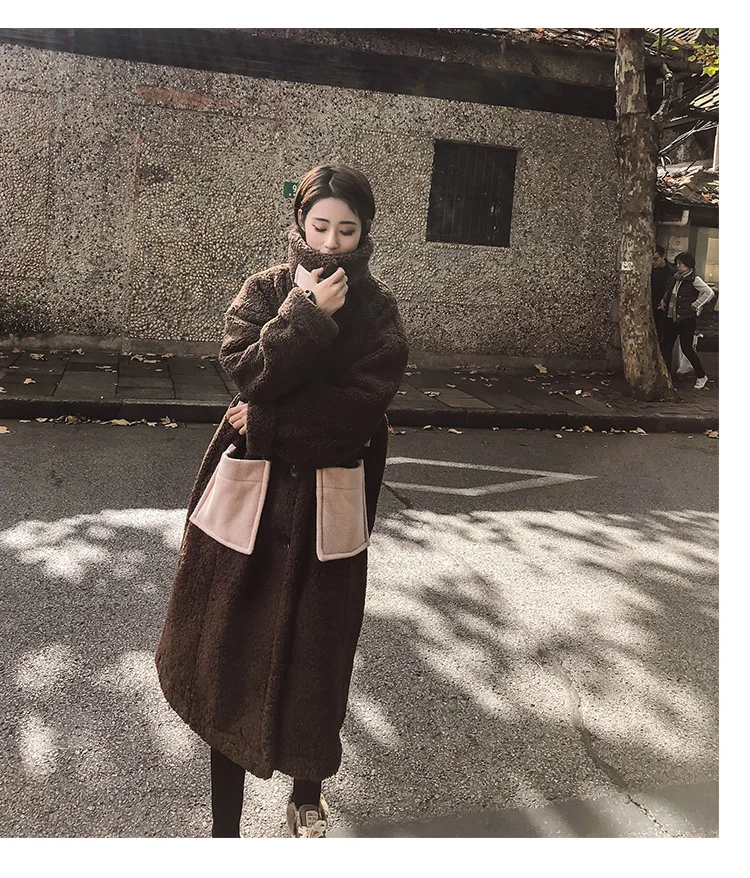 Для фотосессии INS кофейное разноцветное Свободное пальто средней длины с карманами из овечьей шерсти красивое хлопковое пальто с воротником-стойкой для лучшего друга