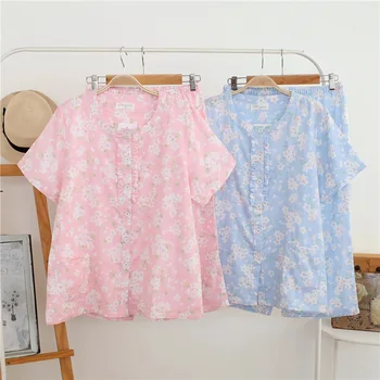 

Summer New Lovely Sleep Set Lady Cotton Pajamas Print Pyjamas Suit Shirt&Pants Casual Intimate Lingerie Sleepwear Home Clothes