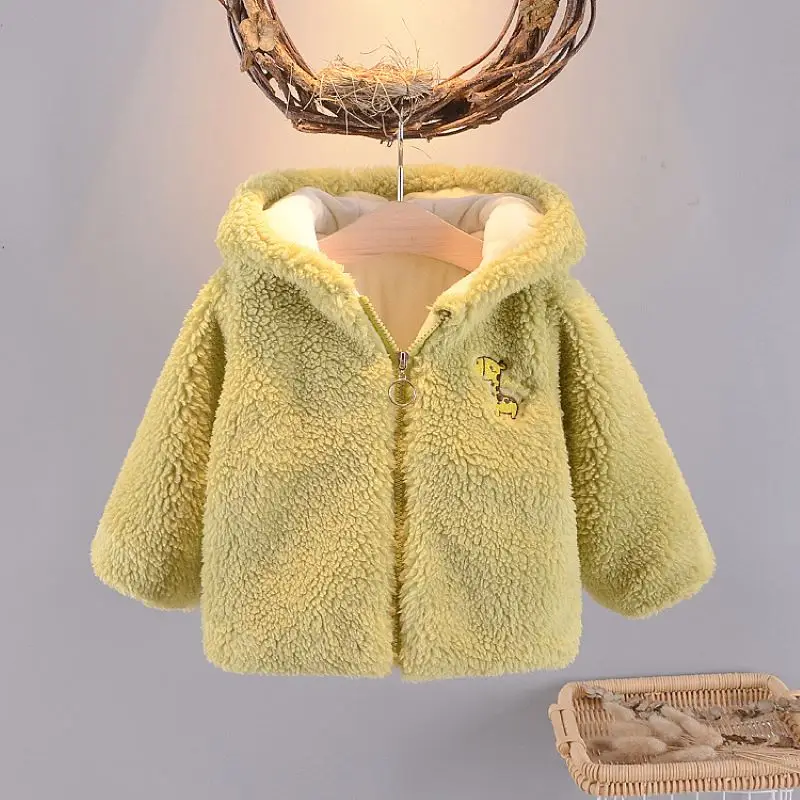 Пальто для маленьких девочек; осенне-зимние теплые пальто унисекс с искусственным мехом и капюшоном; стильная мягкая однотонная Детская куртка с рисунком жирафа
