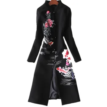 

plus size 3XL!autumn winter vintage embroidered woolen coat women stand collar thick slim printed wool blends coat