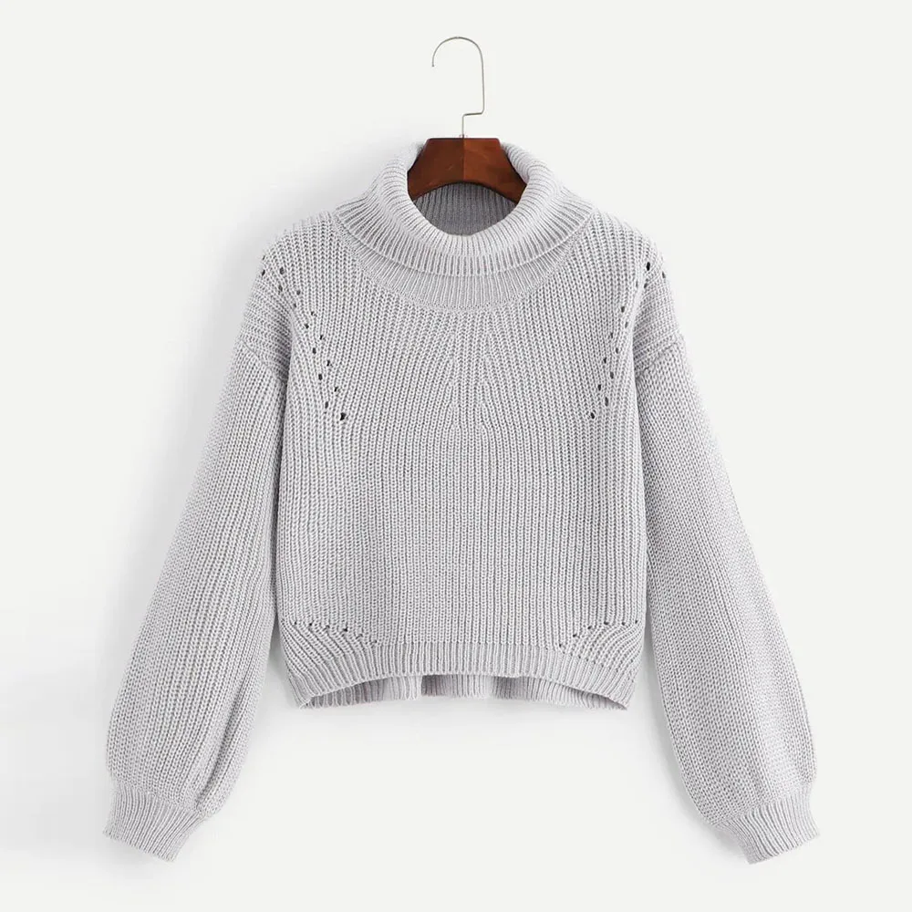 

Grey Turtleneck Autumn Sweater Women Long Sleeve Pullover Rolled Neck Jumper 2019 Crop Tops Knitted Sweaters