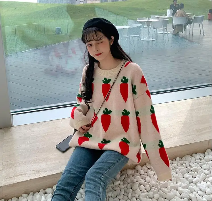 apricot Harajuku женский милый Свободный вязаный свитер с морковкой - Color: apricot