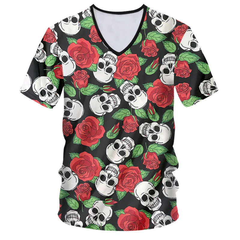 

IFPD EU Size V Neck Tshirt Rose Flower Skull 3d Printed Hip Hop Fashion Loose Short Sleeve T Shirt Harajuku Men Tops Clothing