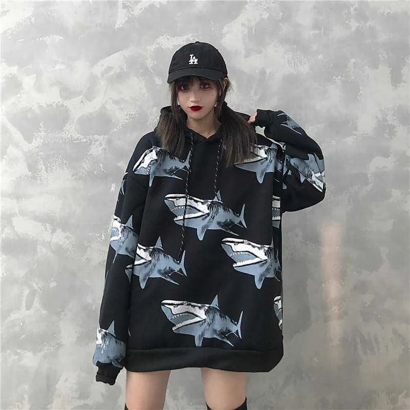 Black NiceMix Женская Зимняя коллекция, новая мода, ins, принт акулы, Harajuku, свободная повседневная бархатная куртка в стиле ретро в стиле хип-хоп, куртка с капюшоном - Color: Black