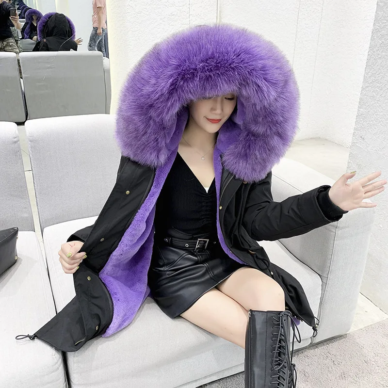 Taro purple Новинка, Женское пальто из искусственного меха, длинный рукав, с капюшоном, имитация лисьего меха, Длинные парки, женское повседневное модное тонкое плотное теплое зимнее пальто 2300 - Цвет: Taro purple