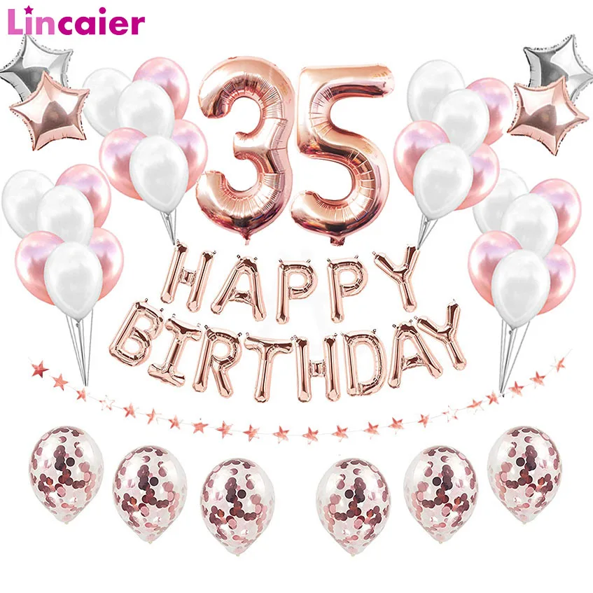

38pcs Happy 35 Birthday Foil Balloons Rose Gold Latex Balloon Number 35th Years Old Party Decorations 53 53th Woman Man Supplies