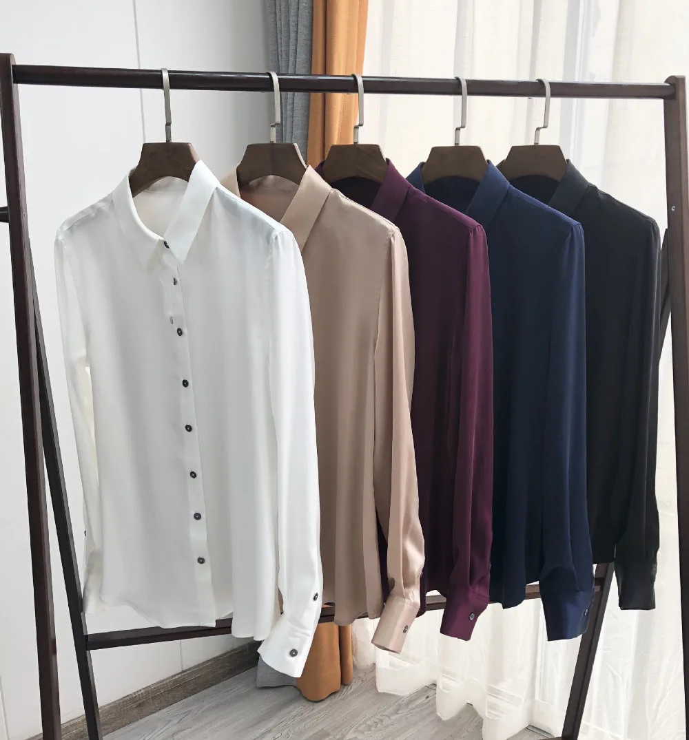 

Women Solid Color Blouse100% Silk Long Sleeve Office Lady Shirt Early Autumn