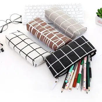 Canvas Geometric Pencil Bag Case School Simple Striped Grid Solid Color Cute Pencil Bag Case Pouch Office Students Kids Supplies 1