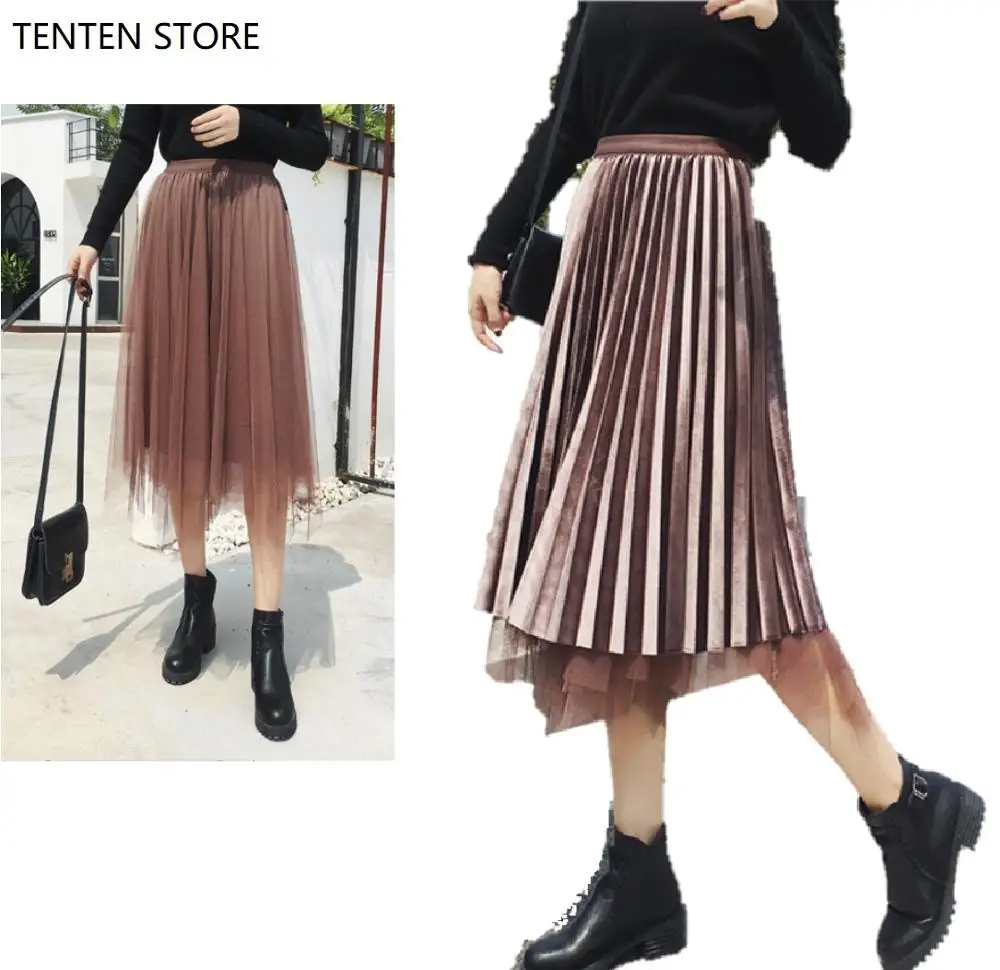 Осень Зима гофрированные длинные юбки женские с высокой талией плиссированные тюлевые Реверсивные винтажные элегантные гофрированные Черные Серые юбки женские
