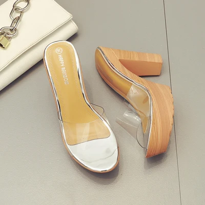 Summer new Korean version of the beach transparent thick with slippers waterproof platform high heel platform sandals - Цвет: Серебристый