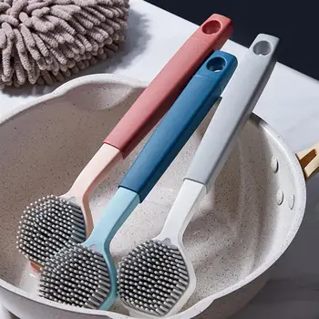 

Double-Color Pot Cleaning Brush With Long Handle Portable Pot Dish Washing Brush Tool For Kitchen Cleaning (Carnation/Grey/Blue)