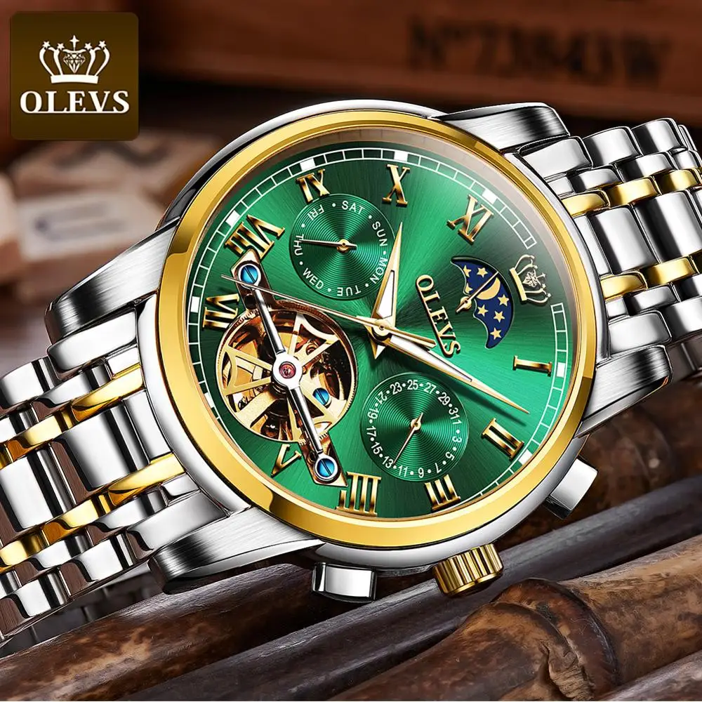 OLEVS Men's Classic Mechanical Watch Waterproof Business Stainless Steel Strap Watch Skeleton Automatic Mechanical Watch