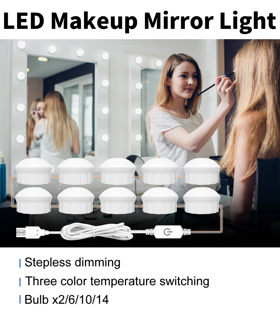 Description Picture 2 of item3 Colors LED Makeup Table Mirror Lamp Bathroom Vanity Light USB Wall Lamp For Bedroom Dressing Room Touch Dimming Mirror Light