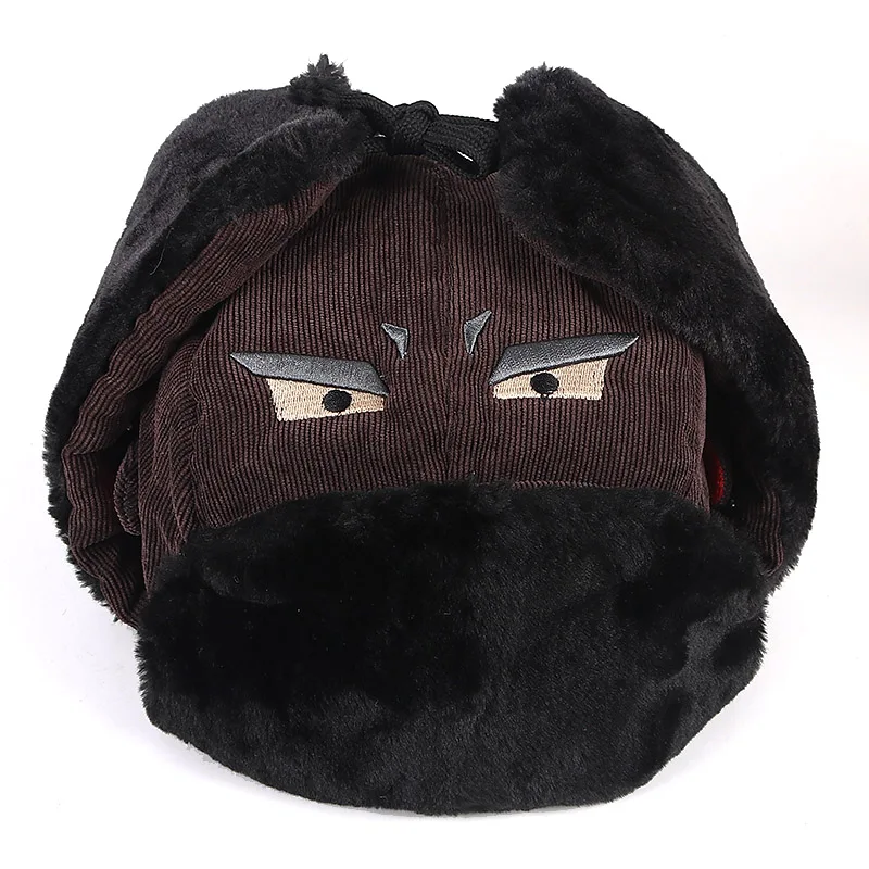 

Fashion 2020 Rusia Winter Warm Snow Cap Cartoon Embroidery Bomber Hat Men Women Ski Mask Faux Fur Ear Flaps Hat bombers homme