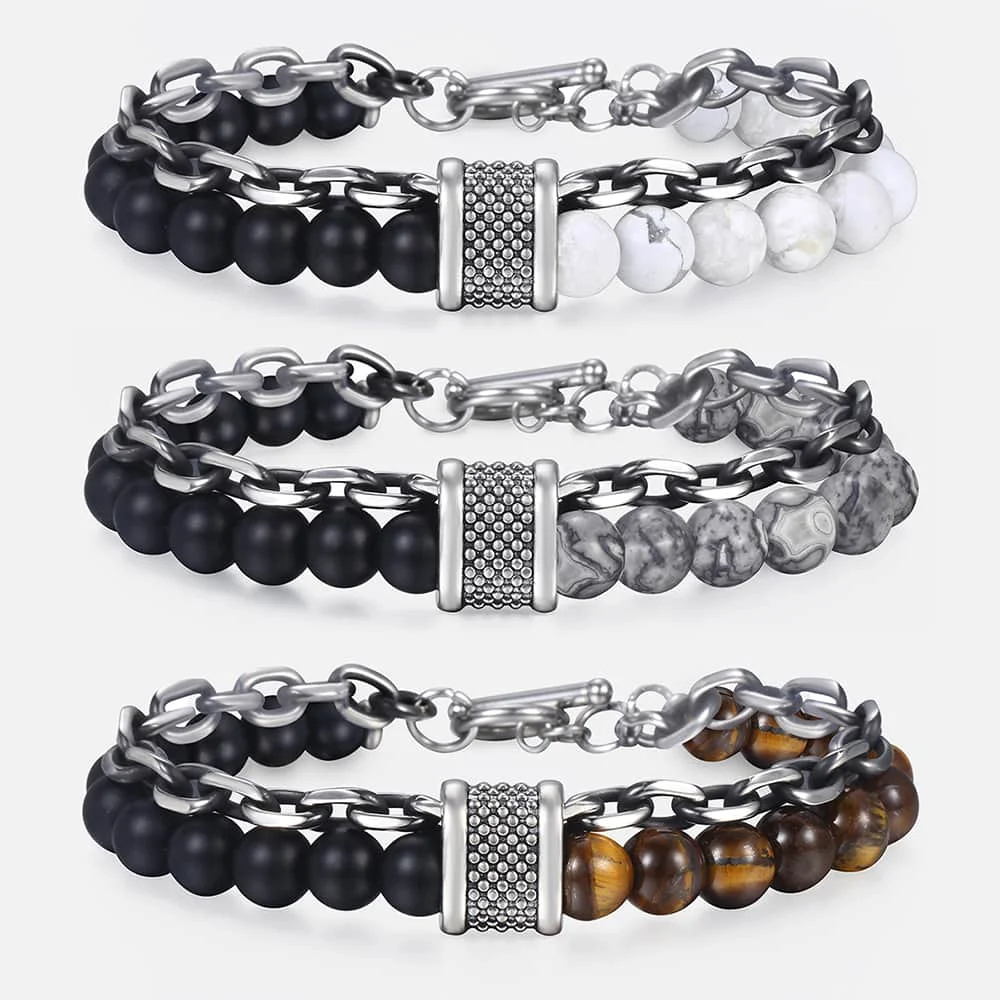 New 2020 Men’s Tiger Eye Stone Beaded Bracelet Stainless Steel Gunmetal Link Chain Yoga Bracelet Male Jewelry Dropshipping