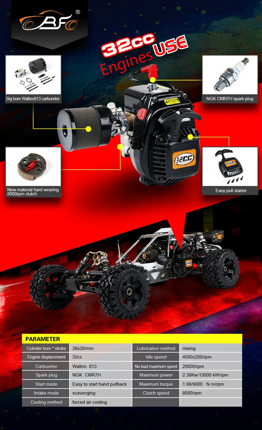 32CC 4 отверстия двигателя с Walbro813 карбюратор NGK Свеча зажигания для 1/5 Hpi Rovan Km Mcd Gtb Ddt ③ Racing Baja Losi Rc запчасти для автомобилей