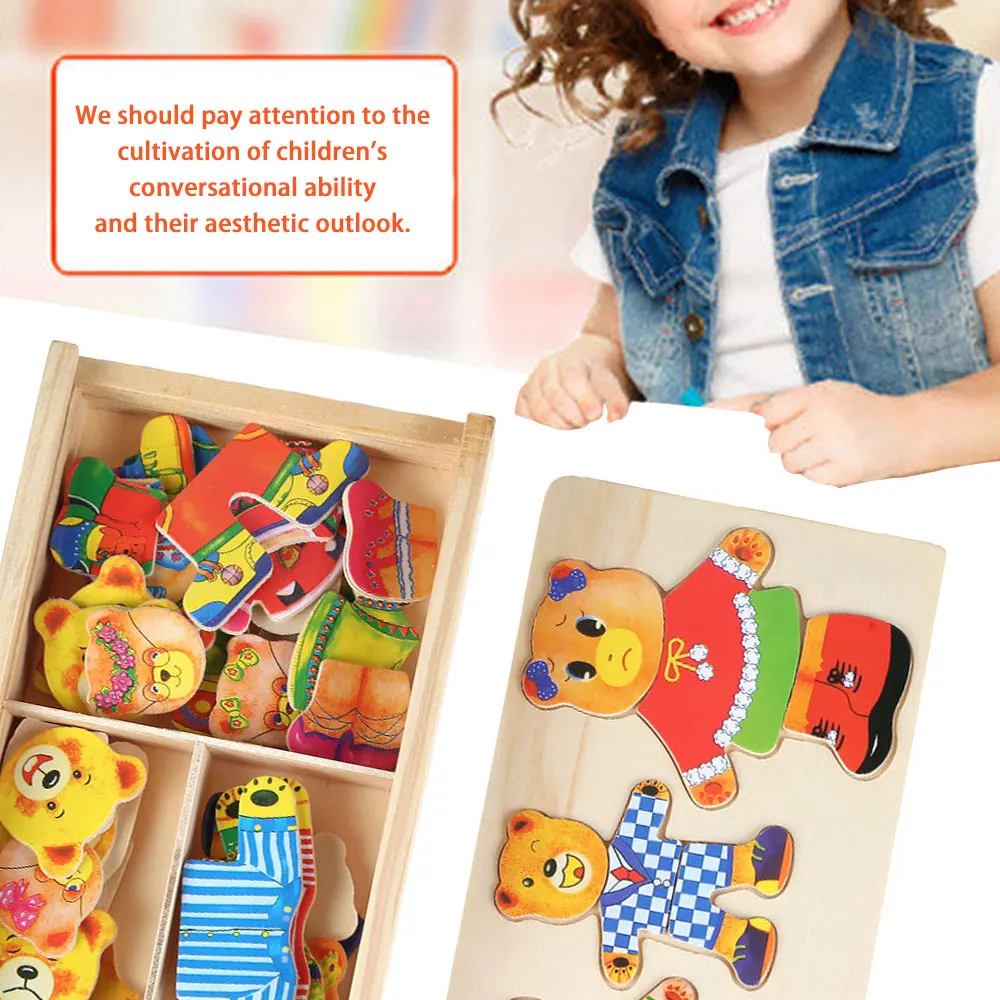 DIY Gift Little Bear Change Clothes Wooden Puzzle Set Children's Early Education Jigsaw Puzzle Dressing Game Baby Puzzle Toys