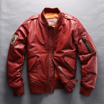 red AVIREX FLY мужской пуховик из натуральной кожи винтажная куртка из овчины повседневное Пальто мотоциклетная байкерская куртка размера плюс - Цвет: red