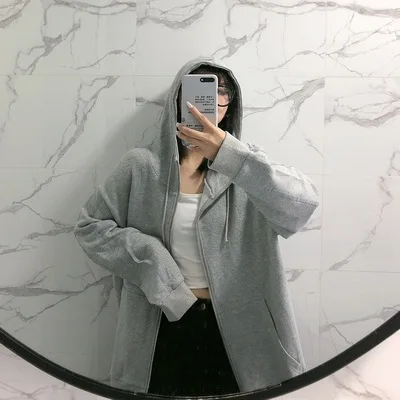 Jasmine поддельные из двух частей средней и длинной женские оригинальные ночные однотонные толстовки на молнии с капюшоном Толстовка Толстовки - Цвет: Серый
