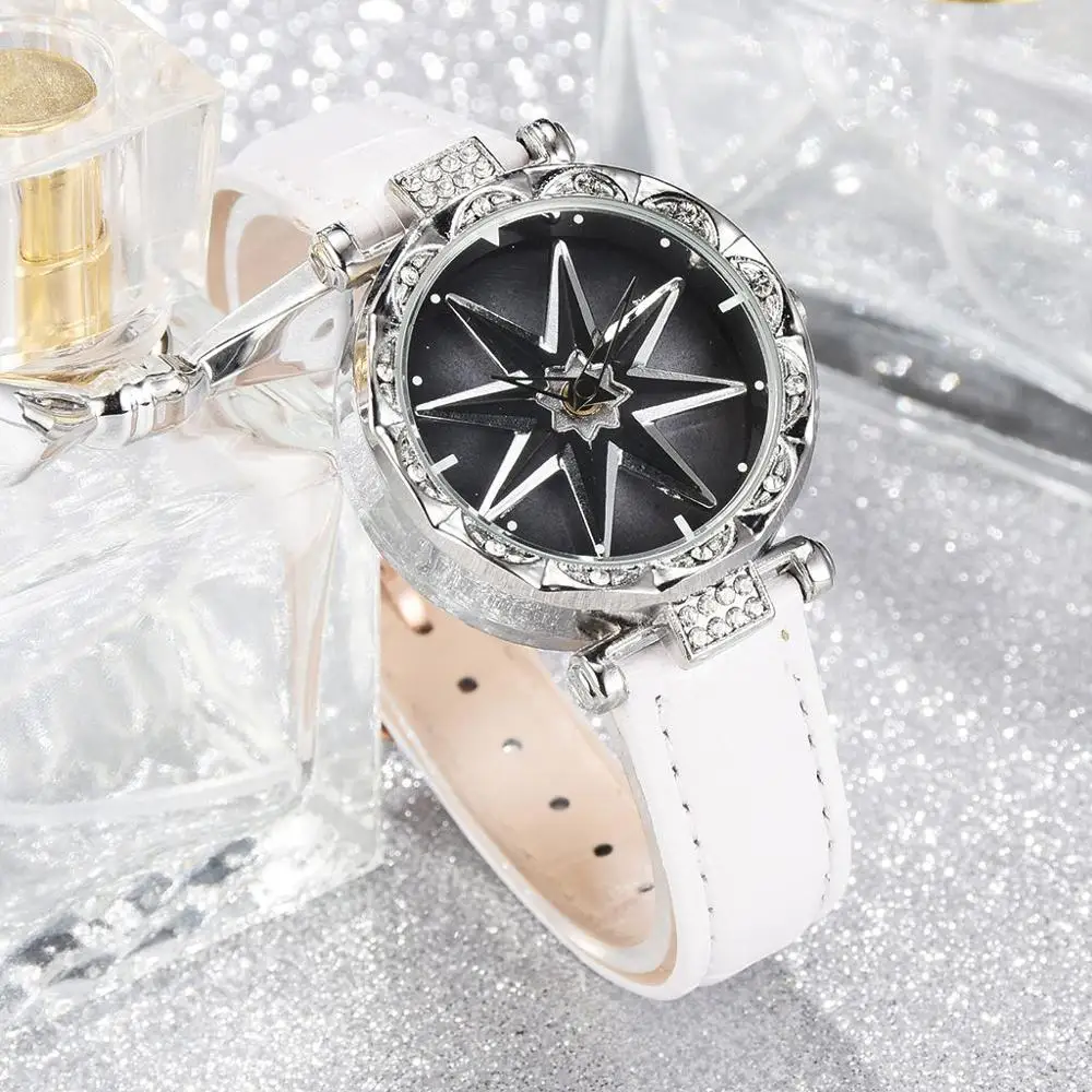 

Fashion 360 Rotating Dial Women's Watch White Leather Strap Personality Ladies Watch for Women Gift reloj de mujer