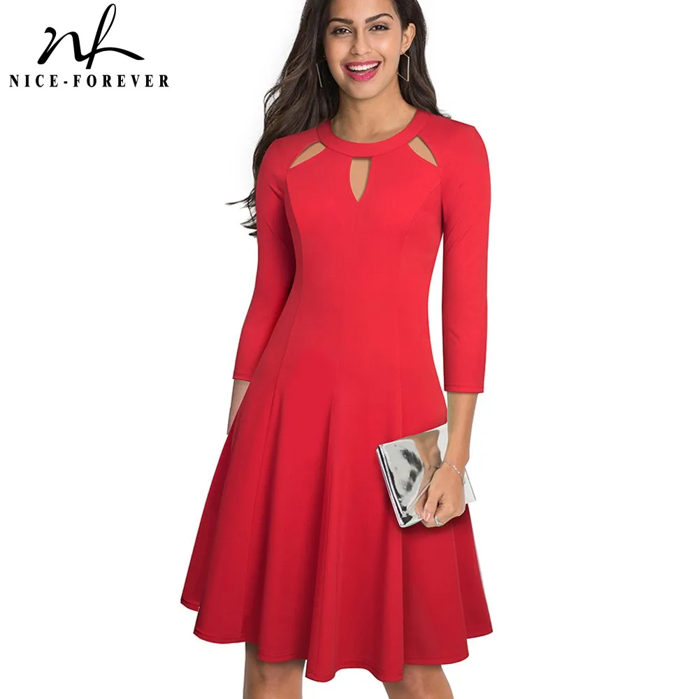 Skup Ładny zawsze elegancki czysty kolor drążą dekolt vestidos Business Party Flare linii kobiet sukienka typu swing A189