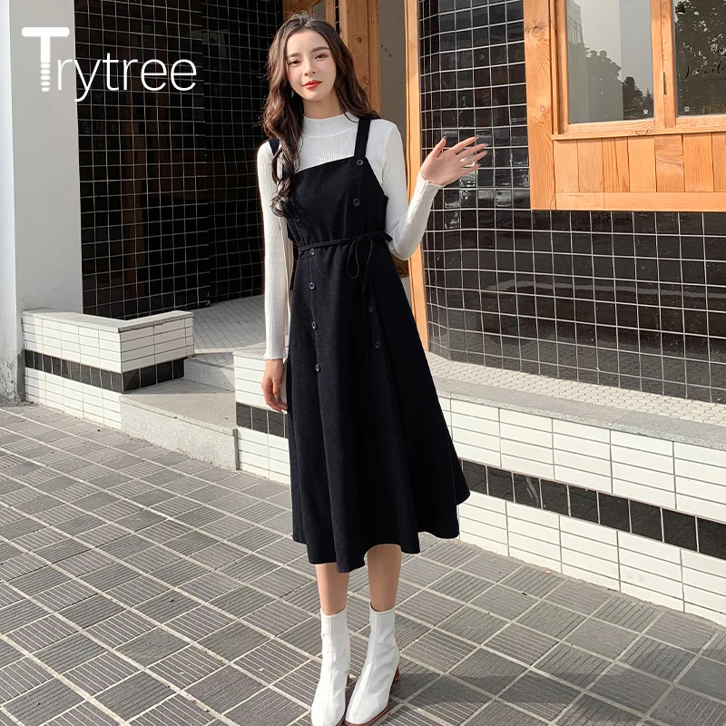 Trytree осенне-зимний комплект из двух предметов, водолазка, приталенный Вязаный топ+ платье, ремень на пуговицах, 2 цвета, Модный комплект из 2 предметов