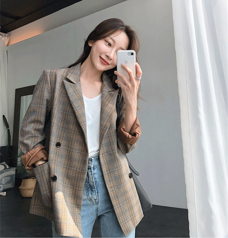 Classic Plaid Double Breasted Girls Blazer Outsized Full Sleeve Grid Feminine Go well with Coat Elegant Autumn Girls Jackets Outwear 2019 42 H97efbf906b924afd9b6dcad2a92f5f83p