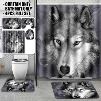 

3D Wolf Design Soft Bathroom Toilet Decor 180x180cm Shower Curtain Floor Mats Rug Set Pedestal Rug + Lid Toilet Cover + Bath Mat