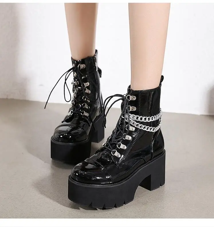 Fashion Chunky Classic Motorcycle Boots for Women Autumn Winter Black Fashion Round Toe Lace-up Black waterproof Boots Ladies