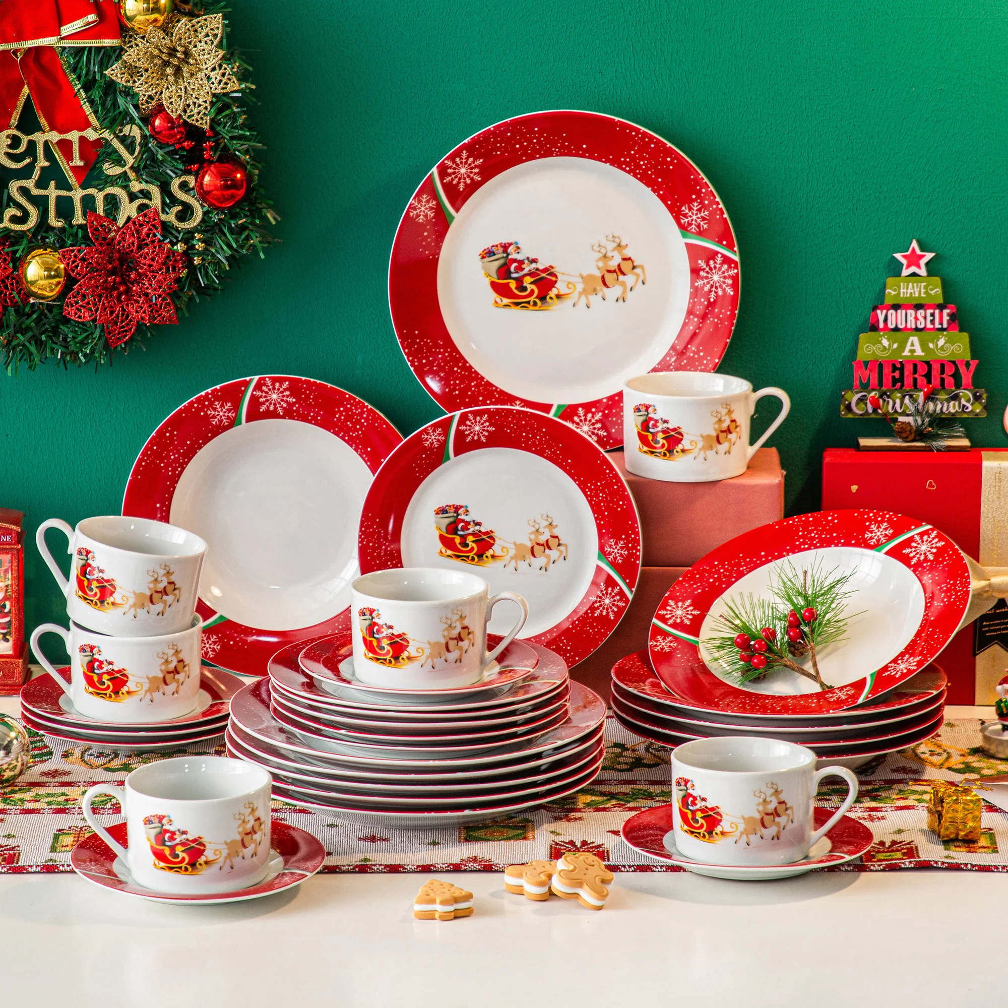 VEWEET Serie SANTACLAUS Porzellan Geschirrset Geschenk für Weihnachten Tafelservice für 12 Personen 60 tlg 